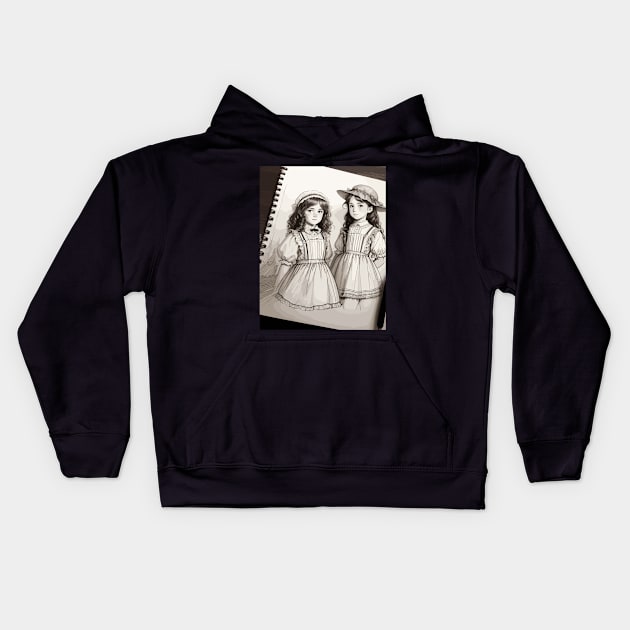 Pencil drawing. Portrait of twin girls Kids Hoodie by CatCoconut-Art